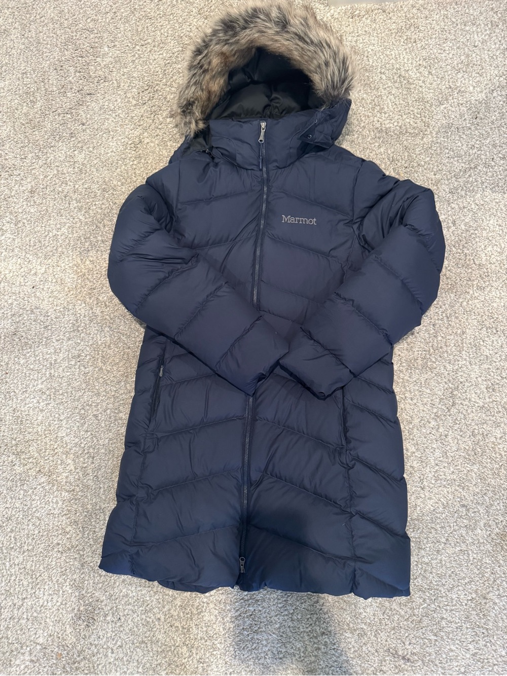 Marmot Navy Long Down Puffer Coat with Faux Fur Hood